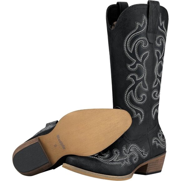 ⚡Women Metal Black Synthetic Leathers Cowgirl Chunky Heel Snip Toe Mid-Calf Boot - Picture 6 of 6